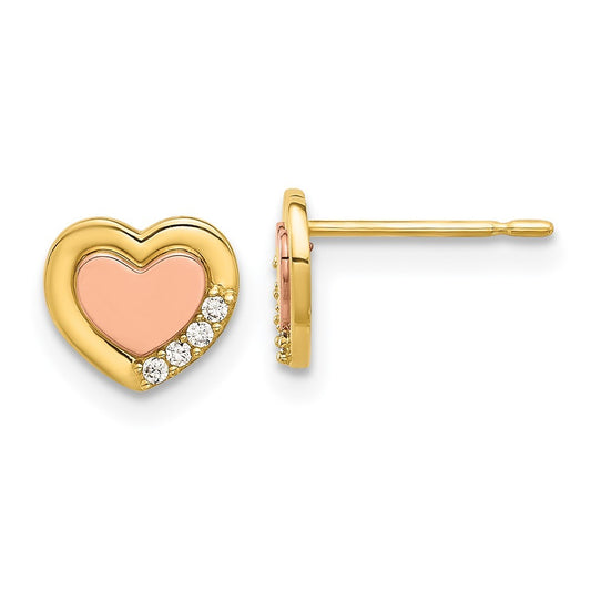 14k Two-tone Gold Polished CZ Heart Earrings
