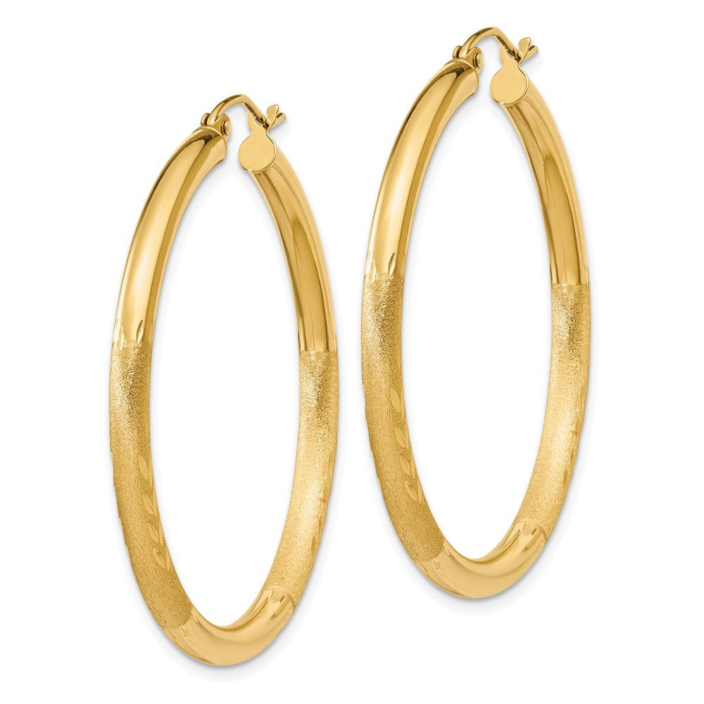 14k Yellow Gold Satin and Diamond-cut 3mm Round Hoop Earrings