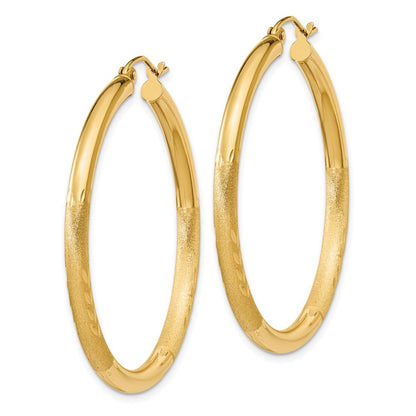 14k Yellow Gold Satin and Diamond-cut 3mm Round Hoop Earrings