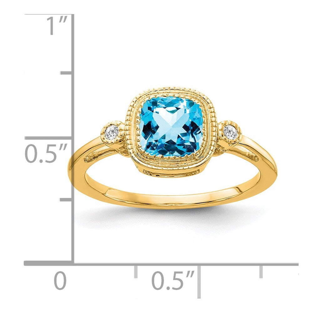 14K Yellow Gold Cushion Blue Topaz and Diamond Ring Size 7