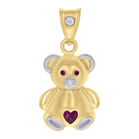 10k Two-tone Gold Purple White Heart Round Cubic-Zirconia Teddy Bear Pendant