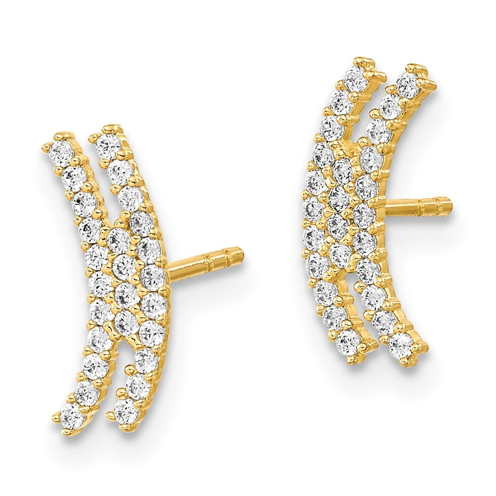 14k Yellow Gold Polished Curved Bar Cubic Zirconia Stud Earrings Gift for Women