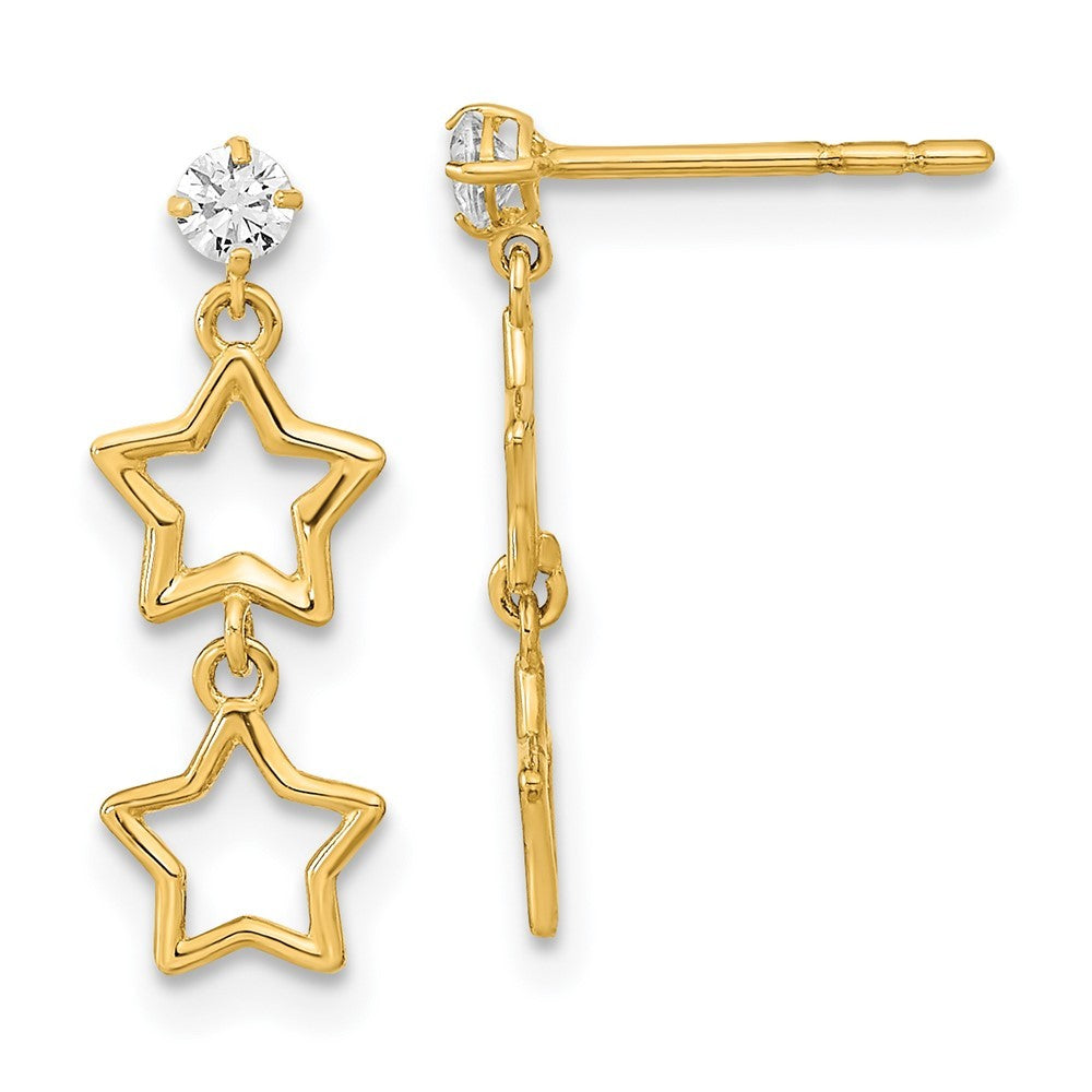 14k Yellow Gold Polished Dangle Star with CZ Earrings
