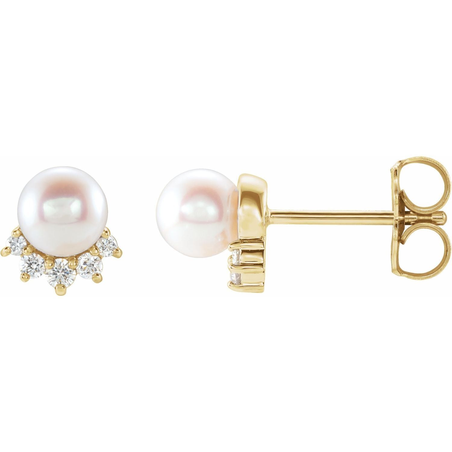 14k Yellow Gold White Freshwater Cultured Pearl & .08Ct Diamond Stud Earrings