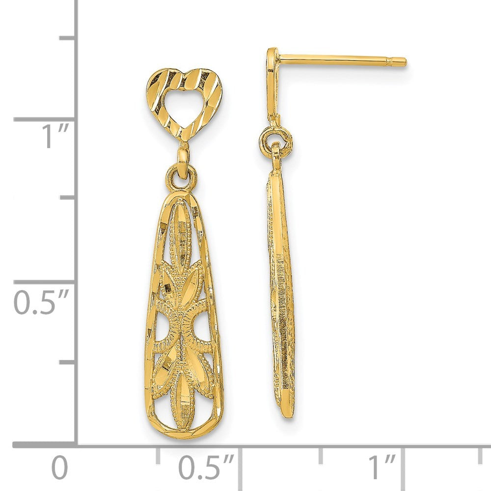 14k Yellow Gold Diamond-Cut Teardrop Heart Dangle Earrings