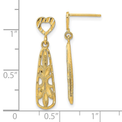 14k Yellow Gold Diamond-Cut Teardrop Heart Dangle Earrings