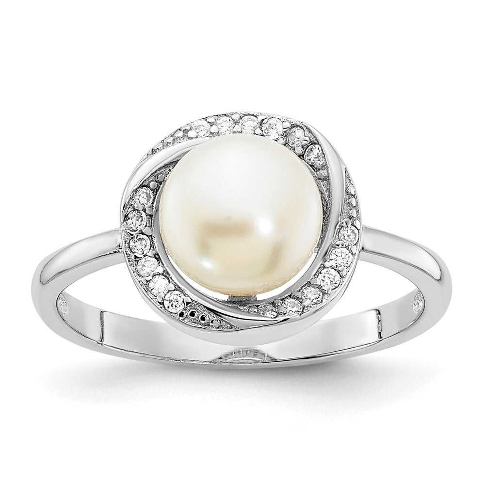 Sterling Silver 7-8mm Button White Freshwater Cultured Pearl and CZ Ring Size 8