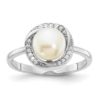 Sterling Silver 7-8mm Button White Freshwater Cultured Pearl and CZ Ring Size 8