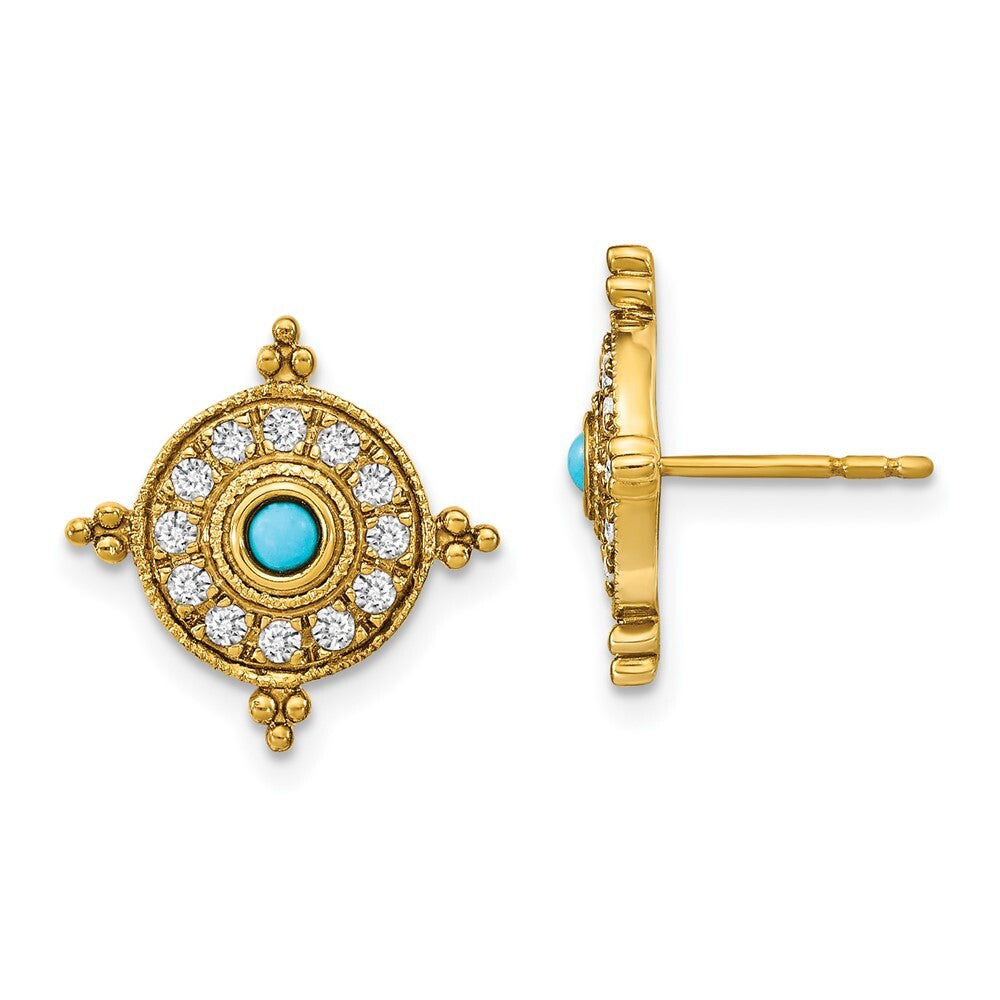 14k Yellow Gold Turquoise and White Topaz Stud Earrings