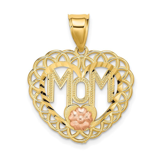 14k Two-tone Gold MOM in Heart Frame Charm Pendant for Women
