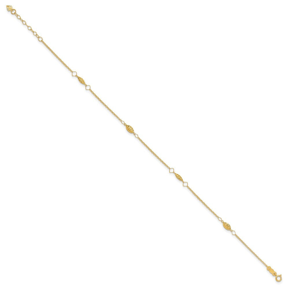 14k Yellow Gold Diamond-cut Rice Puff Beads 4-Station 10" Anklet