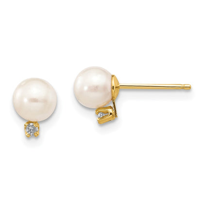 14k Yellow Gold 5mm White Freshwater Cultured Pearl and Diamond Stud Earrings