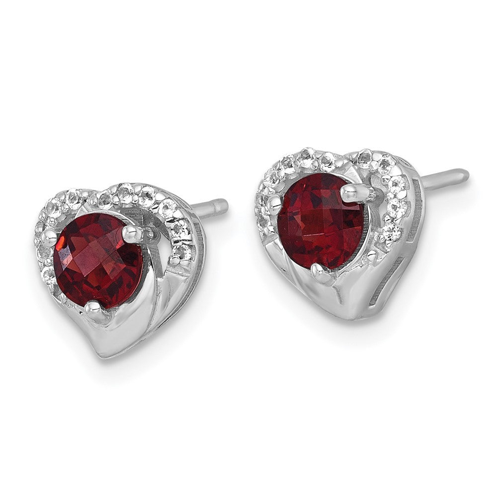 Sterling Silver Rhodium-plated Polished Garnet and White Topaz Heart Earrings