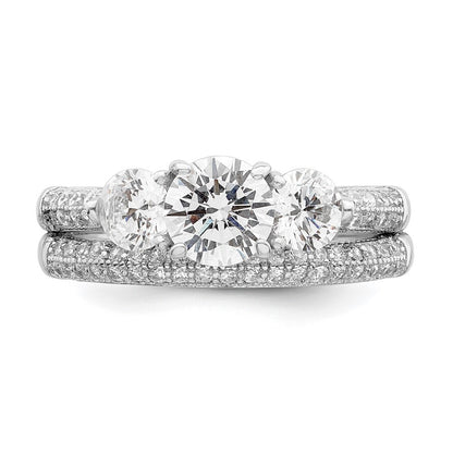 Sterling Silver Rhodium-plated CZ 3 Stone Pave Band Engagement Ring Set Size 6