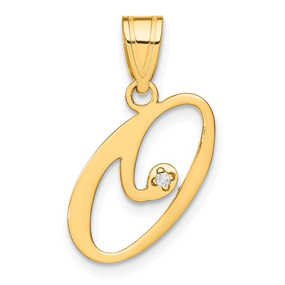 14k Yellow Gold Script Letter O Initial Pendant with Diamond for Women