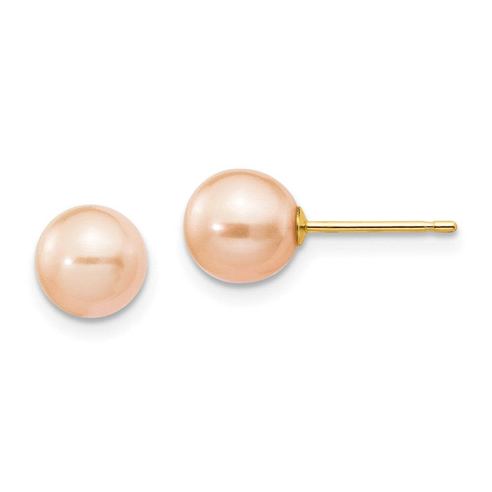 14k Yellow Gold 6-7mm Pink Round Freshwater Cultured Pearl Stud Earrings