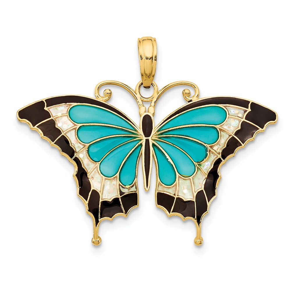 14k Yellow Gold Enameled Butterfly Pendant for Women