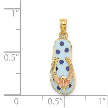 14k Yellow Gold 3D Enamel Anchor On Blue Polka-Dot Flip-Flop Charm Pendant