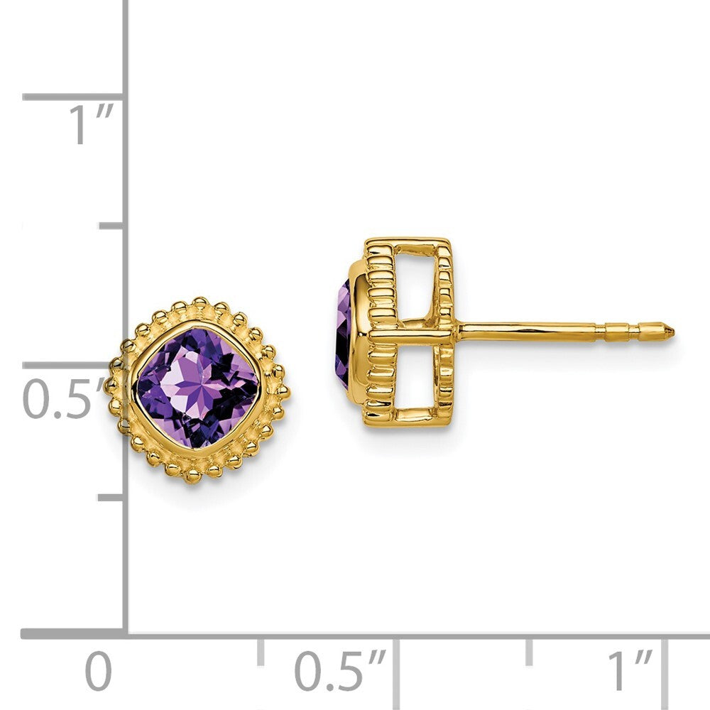 14k Yellow Gold Cushion Amethyst Stud Earrings