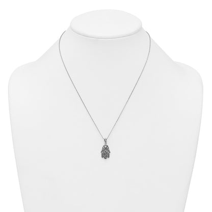 Sterling Silver Rhodium-plated Polished and Oxidized Filigree Hamsa 18" Necklace