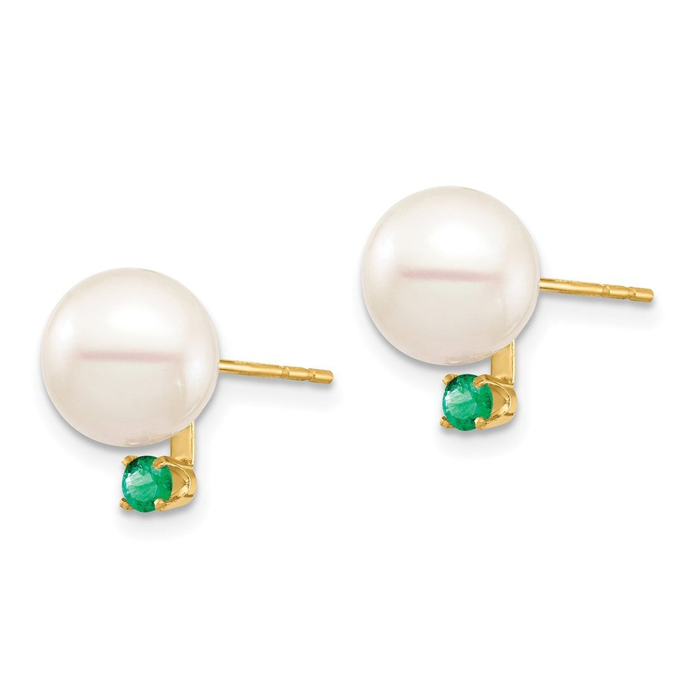 14k Yellow Gold 8-8.5mm Freshwater Cultured Pearl & Emerald Earrings