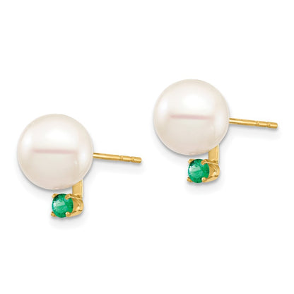 14k Yellow Gold 8-8.5mm Freshwater Cultured Pearl & Emerald Earrings