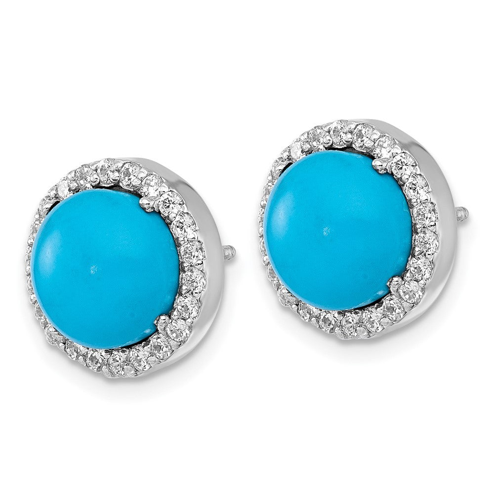 Sterling Silver Rhodium-plated  CZ Halo and Turquoise Cabochon Circle Earrings