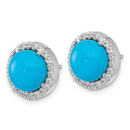 Sterling Silver Rhodium-plated  CZ Halo and Turquoise Cabochon Circle Earrings