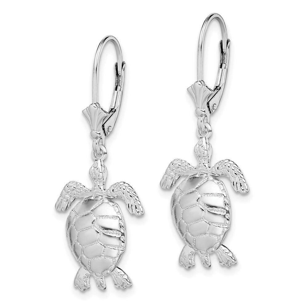Sterling Silver Rhodium-plated Polished 3D Moveable Turtle Leverback Earrings
