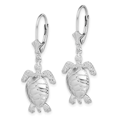 Sterling Silver Rhodium-plated Polished 3D Moveable Turtle Leverback Earrings