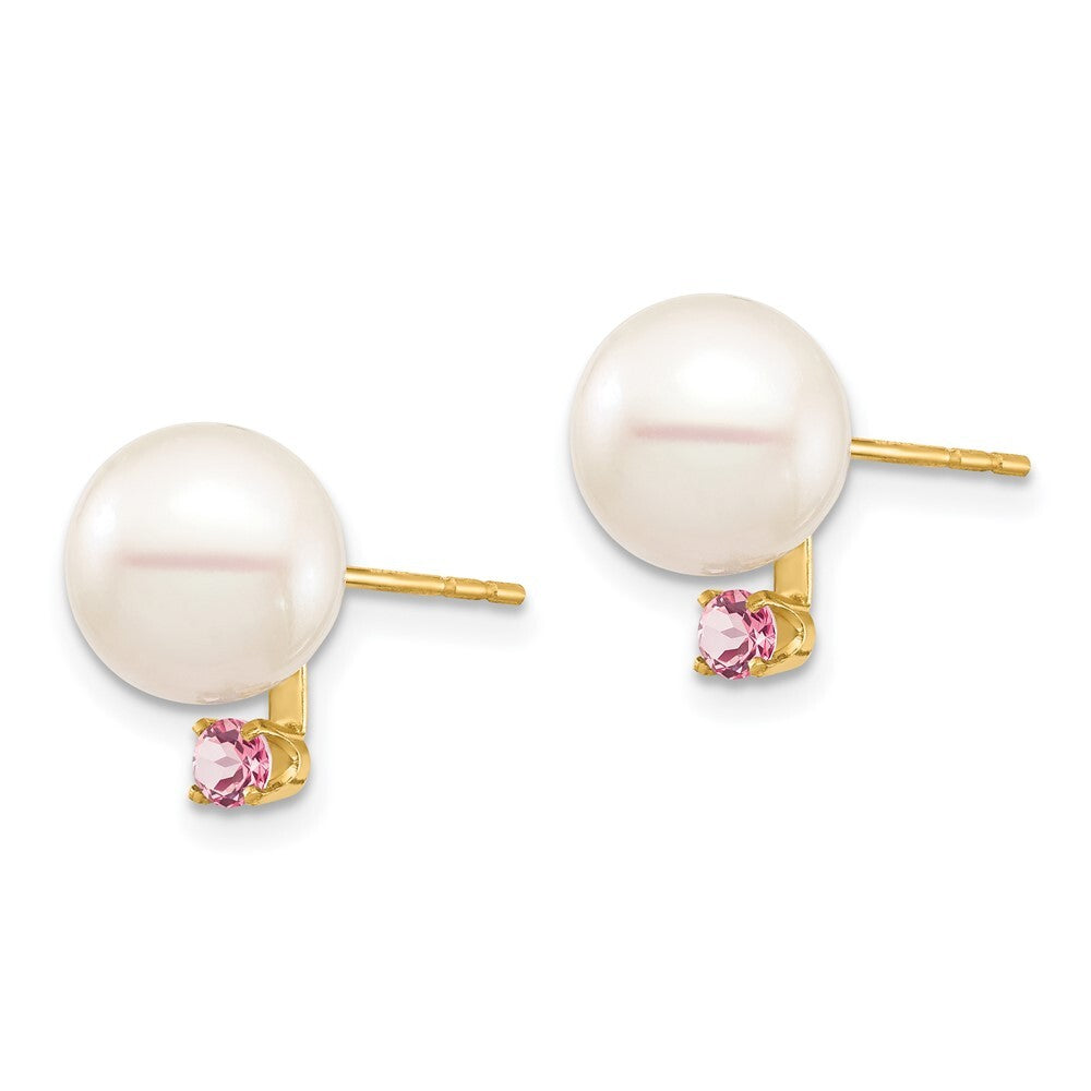 14k Yellow Gold 8-8.5mm Cultured Pearl & Pink Topaz Stud Earrings for Women