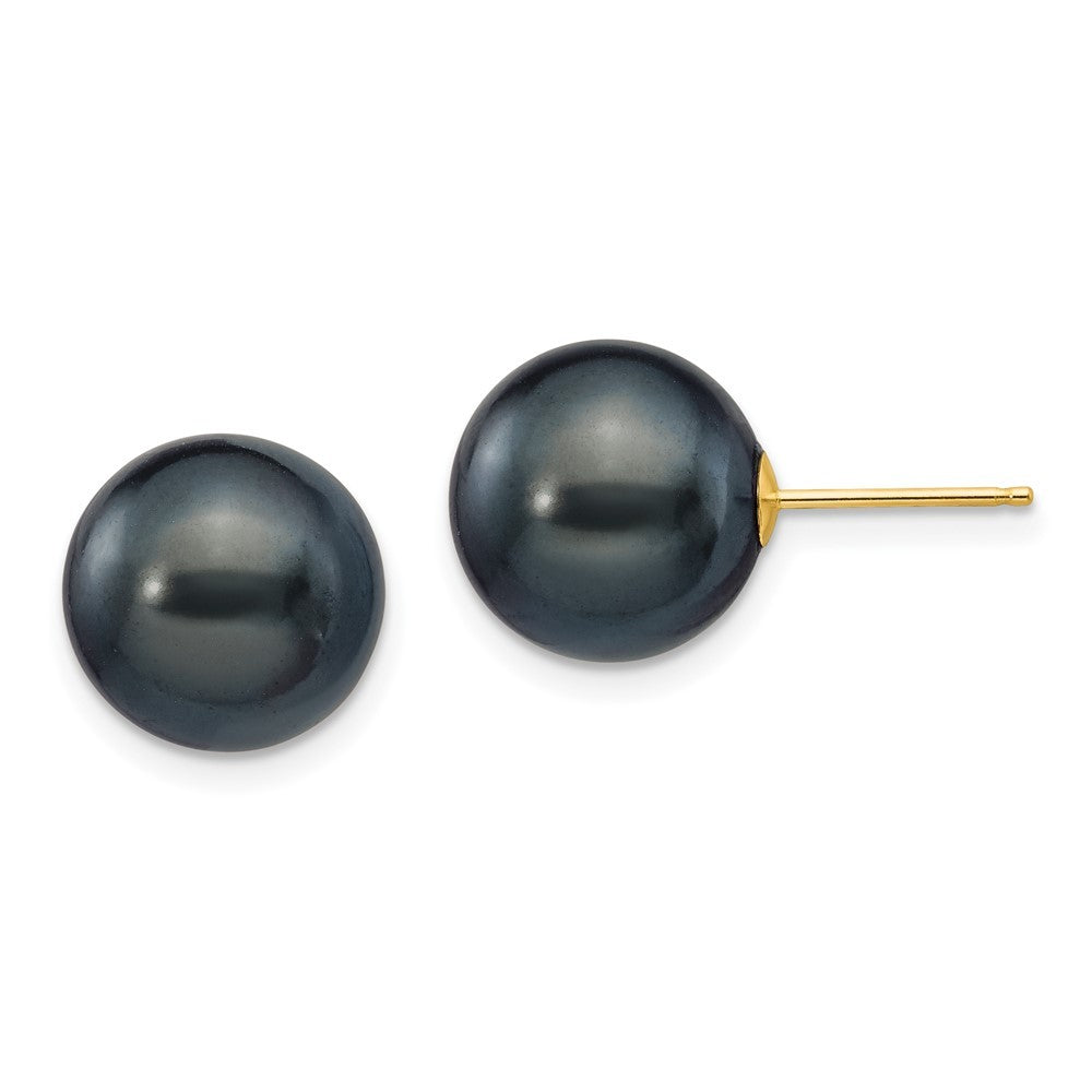 14k Yellow Gold 10-11mm Black Round Freshwater Cultured Pearl Stud Earrings