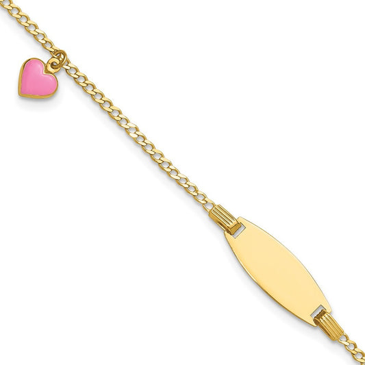 14k Yellow Gold  Pink Enameled Puffed Heart and 18x5mm Plate 5.5" ID Bracelet