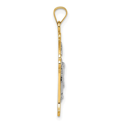14k Yellow Gold White Rhodium Fleur de Lis INRI Crucifix Cross Pendant