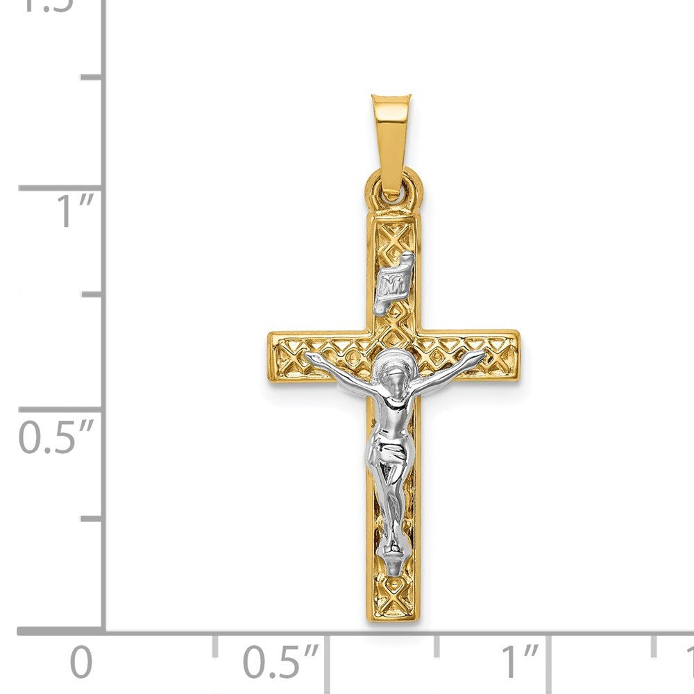 14k Two-tone Gold Polished Lattice Textured INRI Crucifix Pendant