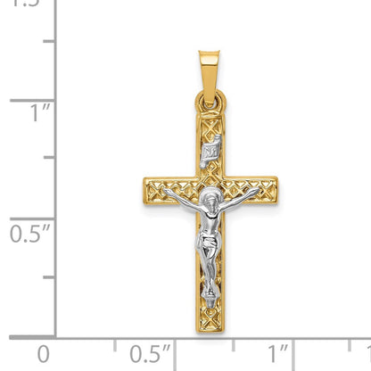14k Two-tone Gold Polished Lattice Textured INRI Crucifix Pendant