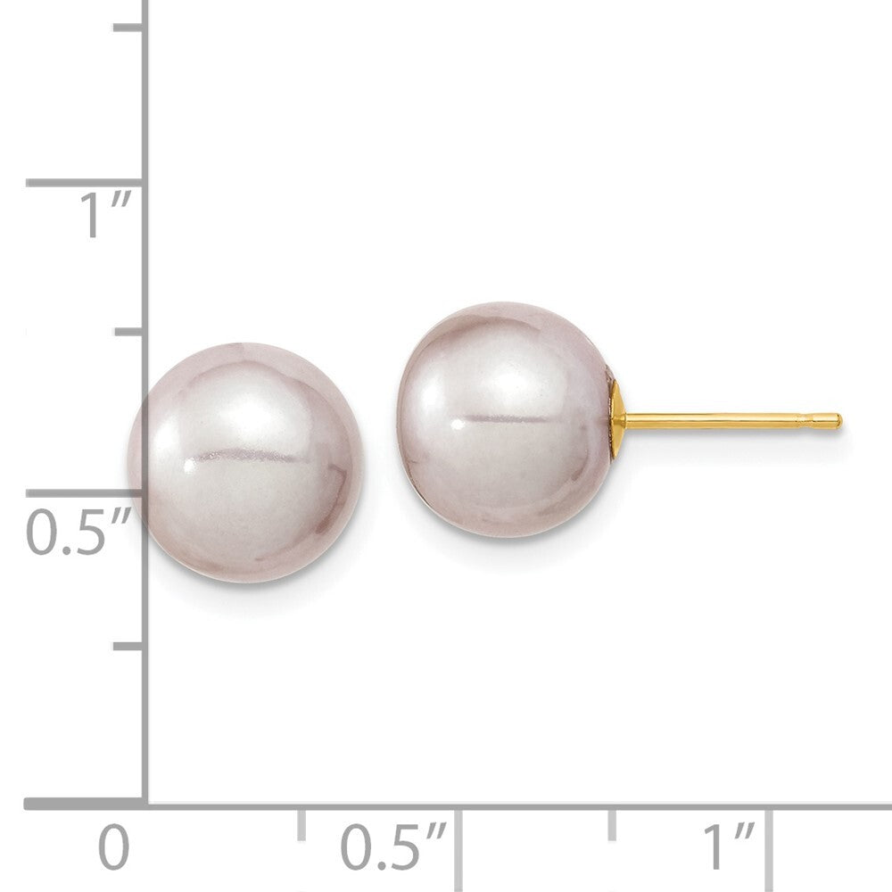 14k Yellow Gold 9-10mm Purple Round Freshwater Cultured Pearl Stud Earrings