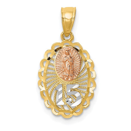 14k Two-tone Gold White Rhodium Lady of Guadalupe 15 Pendant