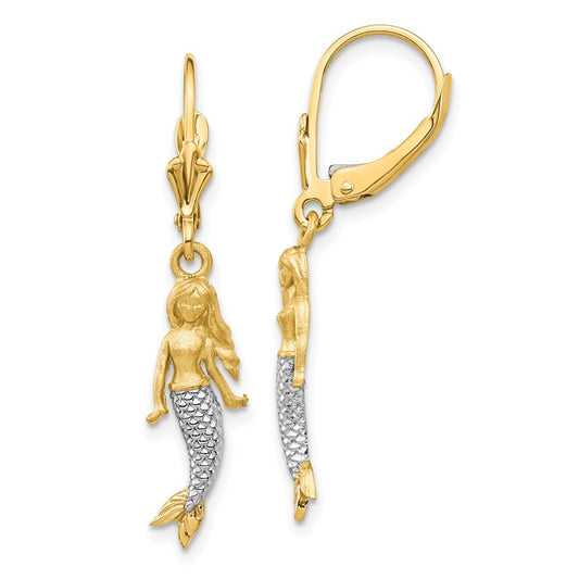 14k Yellow Gold and White Rhodium Brushed & Polished Mermaid Earrings