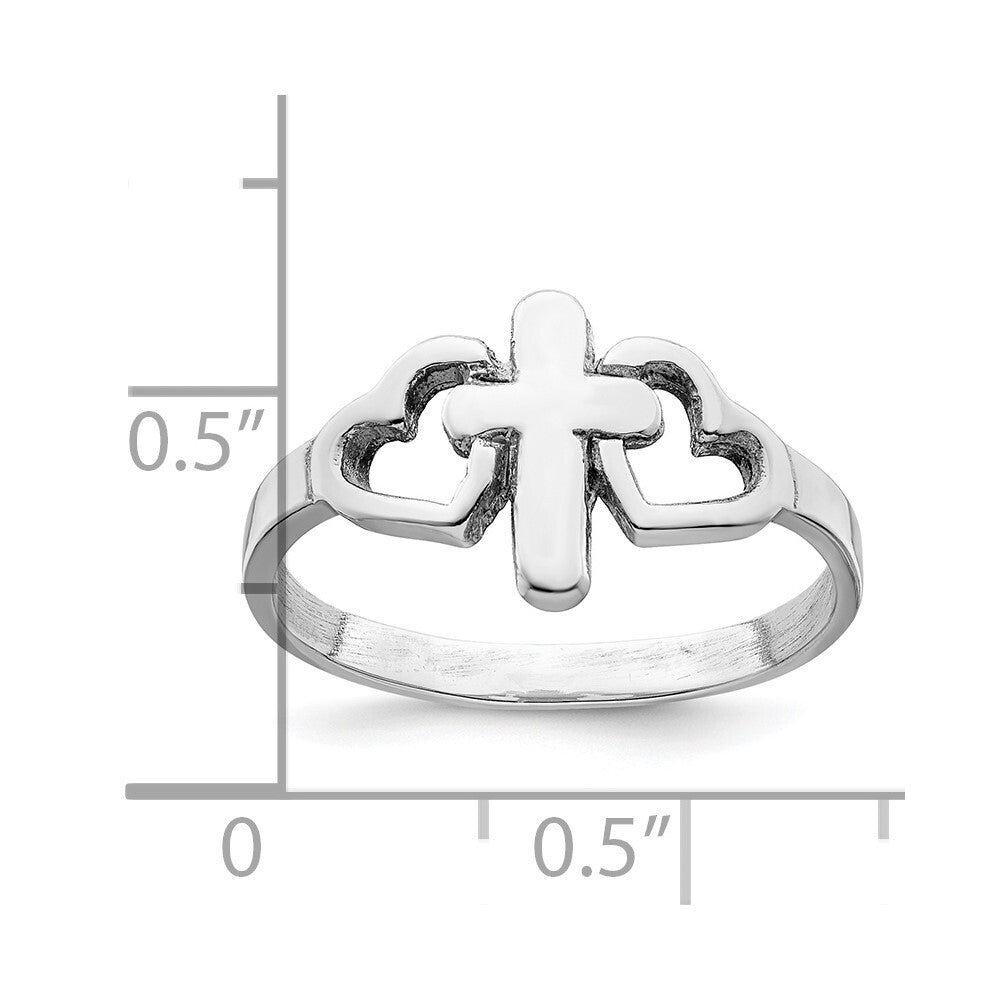 Sterling Silver Rhodium plated Hearts & Cross Ring Size 6