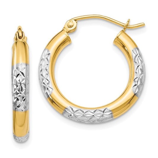 14k Yellow Gold & Rhodium Diamond-cut 3x20mm Hoop Earrings