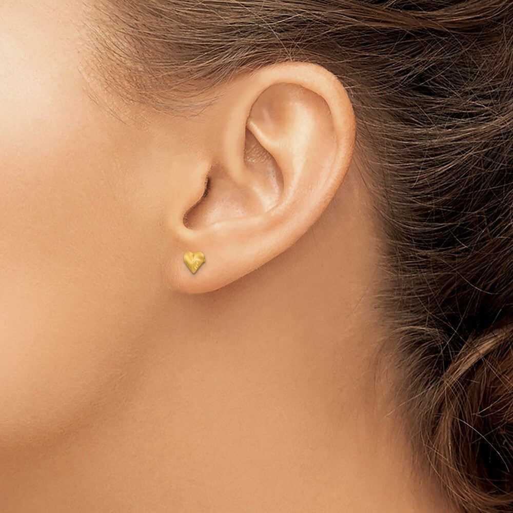 14k Yellow Gold Diamond-Cut & Satin Puffed Heart Stud Earrings Gift for Women
