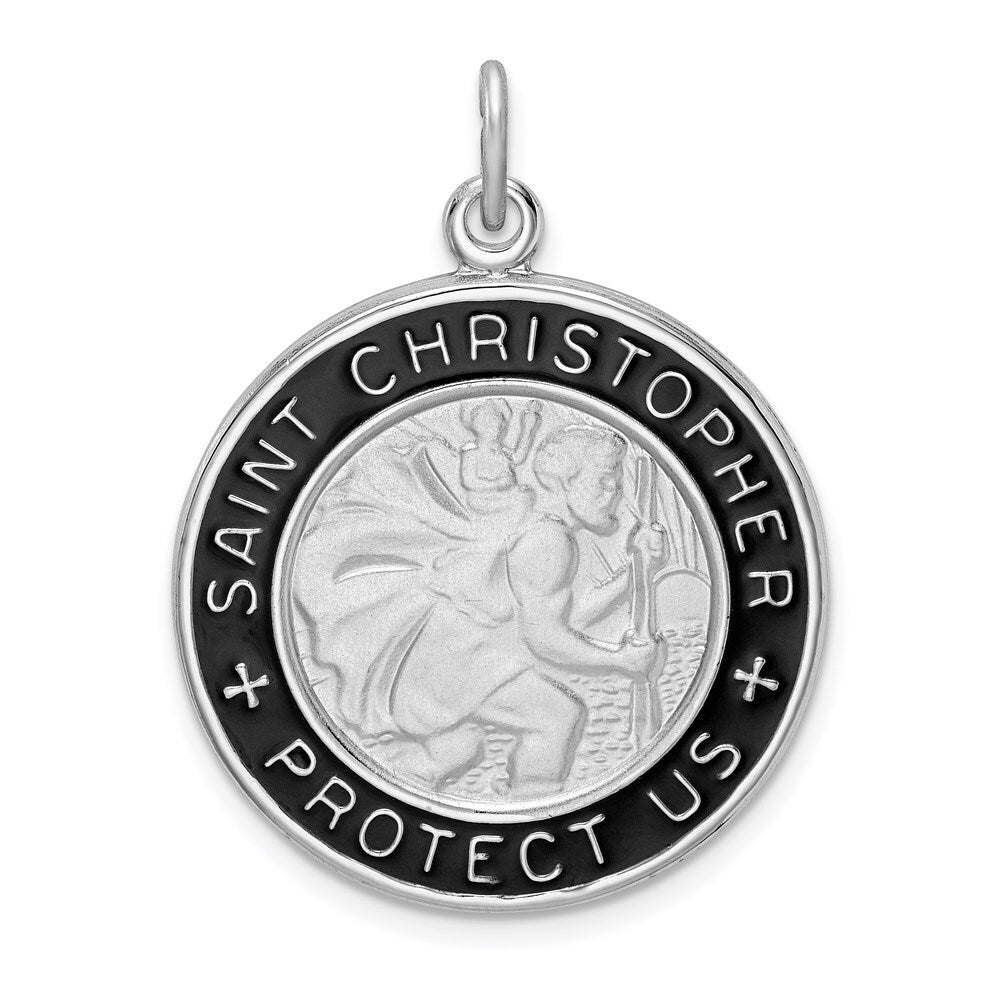 Sterling Silver Rhodium-plated Enamel St. Christopher Medal Pendant