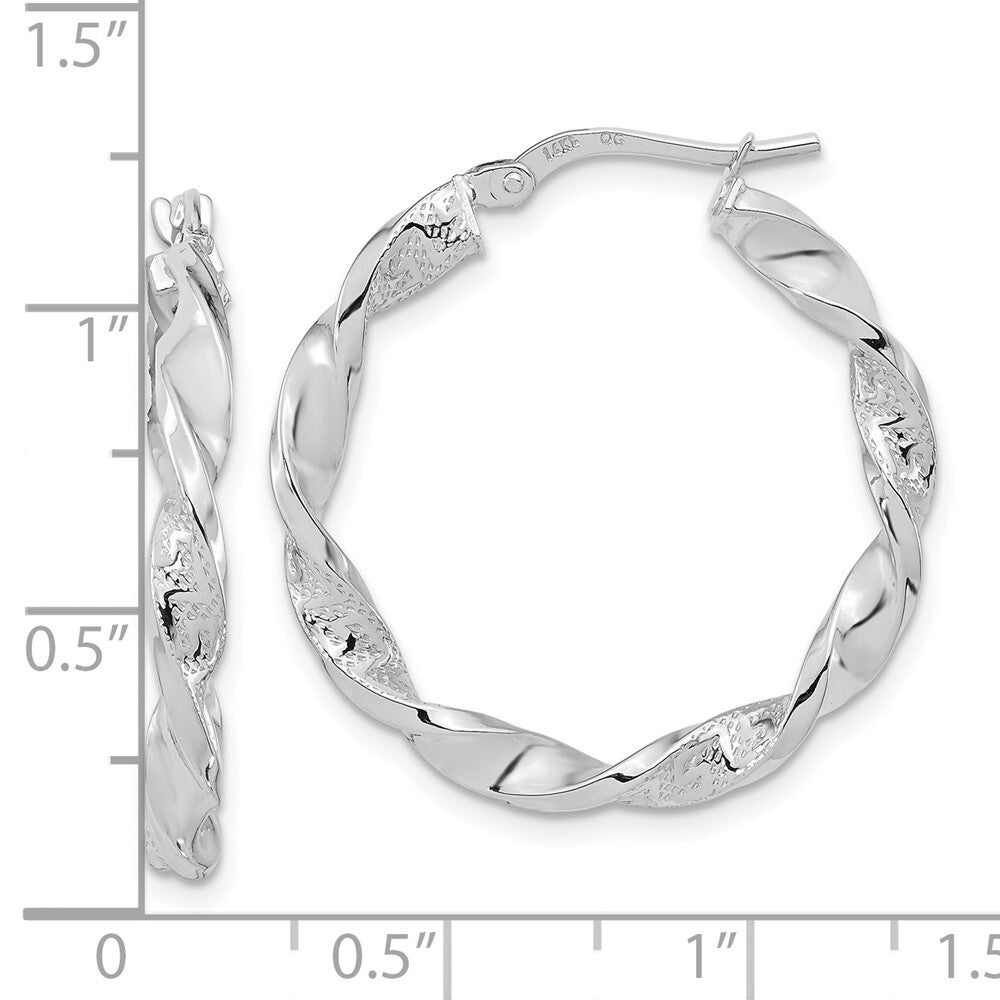 14k White Gold Polished and Textured Twisted Hoop Earrings Gift for Women