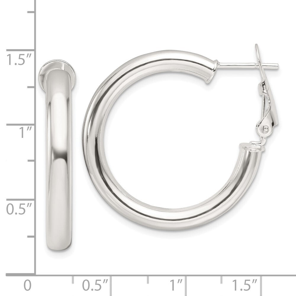 Sterling Silver Polished 30x4mm Omega Back Round Hoop Earrings
