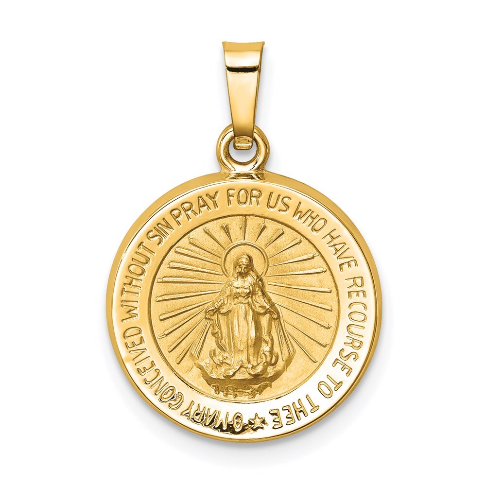 14k Yellow Gold Polished and Satin Miraculous Medal Hollow Pendant for Women
