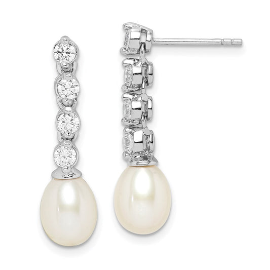 Sterling Silver 7-8mm Rice Cultured Pearl & Cubic Zirconia Post Dangle Earrings