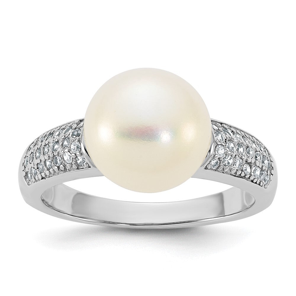 Sterling Silver 9-10mm White Button Freshwater Cultured Pearl and CZ Ring Size 6