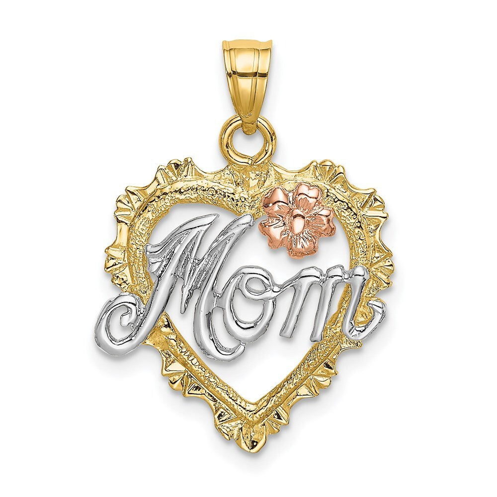 14k Two-tone Gold White Rhodium MOM in Heart Charm Pendant for Women