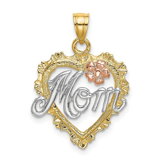 14k Two-tone Gold White Rhodium MOM in Heart Charm Pendant for Women